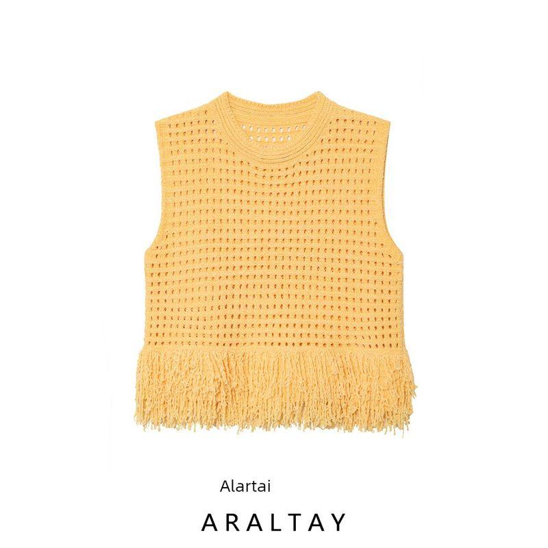 Araltay New Arrival Women's Clothing Fashion Style Fashion All-Match Simple Plaid Knitting Tassel round Neck Sleeveless Tops