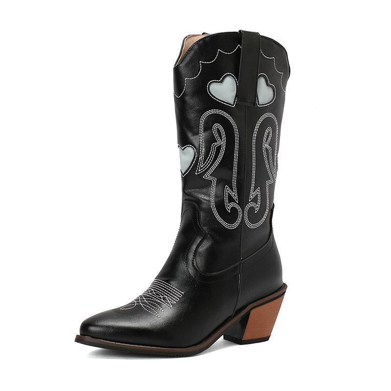 

Новые туфли женские высокие сапоги новые круглые на платформе толстый каблук высокий каблук вышивка но до колена 39 чёрный