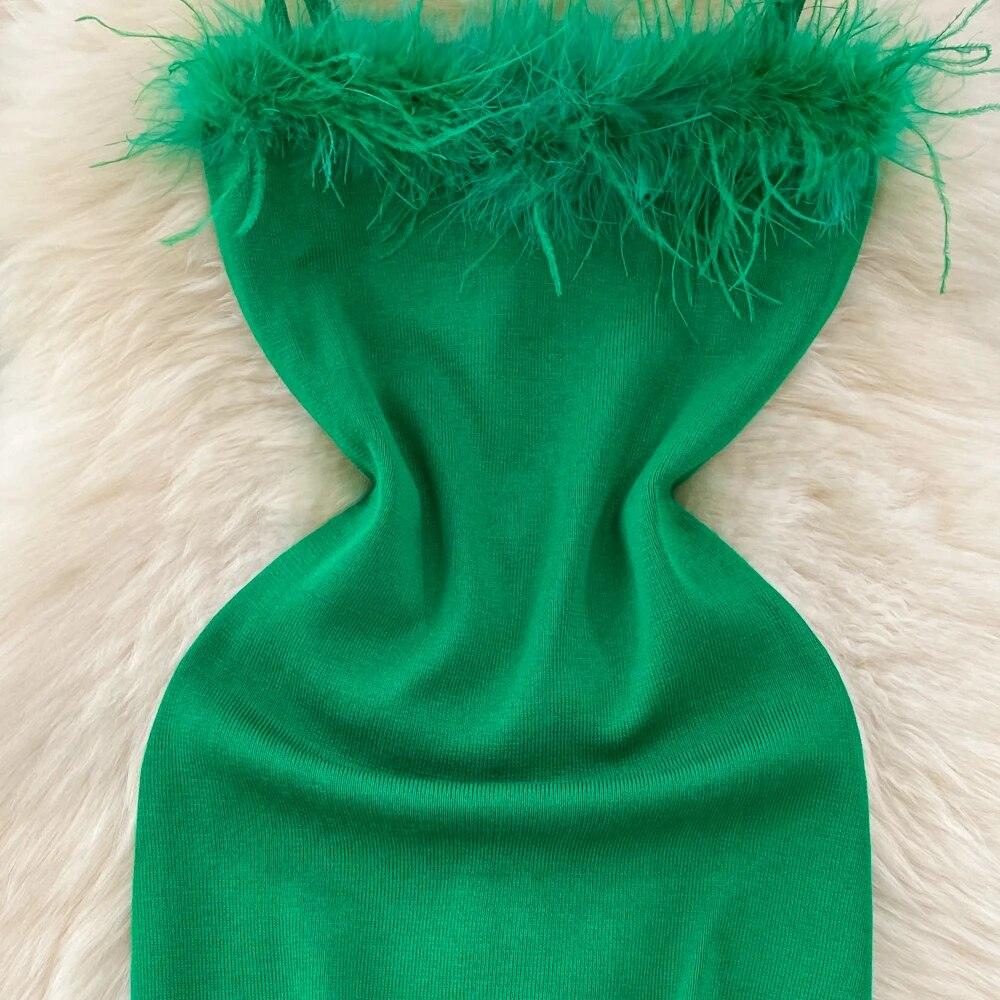 RUGOD France Sexy Knitted Club Dress Women Sleeveless Split Sundress Vintage Short Dress Feathers Montage Green Slim Dress