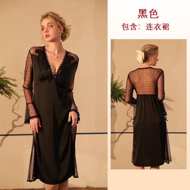 

Осінній новий сексуальний нічний халат крижаний шовк спідниця на бретелях сітка горошок водорозчинна піжама жіноча приталена сукня L чорний