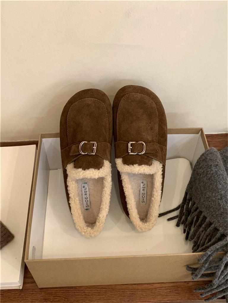 2025 Autumn and Winter New Matte Leather Round Head One Pedal Doudou Shoes Warm Fluffy Shoes Single Shoes Casual Shoes Women