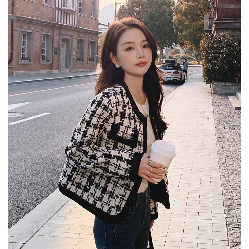 Bold Woolen Fragrant Style Jacket Women Black White Checkered Pattern Korean Style Loose Fit Short Short
