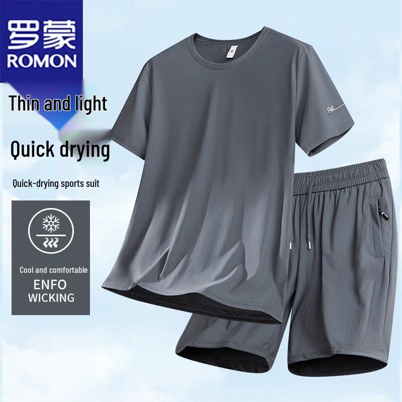Romon Men s Ice Silk Short-Sleeve Top & Shorts Set 7XL