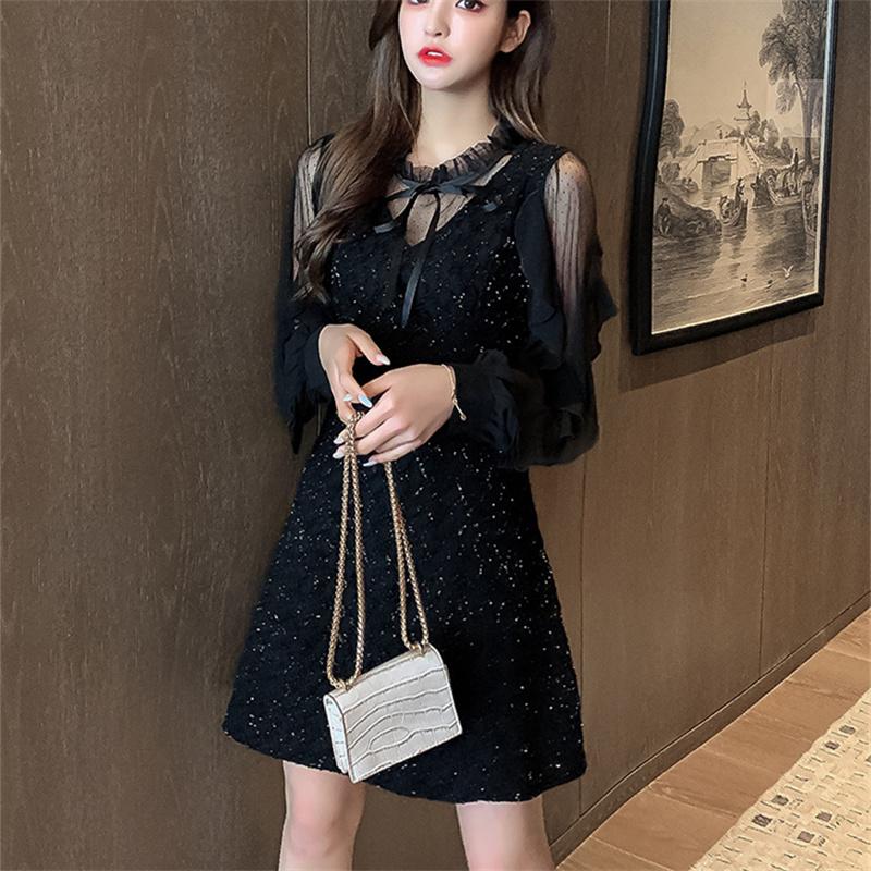Long Sleeve Dresses Women Black Lace Patchwork Casual Office Ladies Elegant Slim Party Spring Vestidoes Chic Mid-Calf Vintage