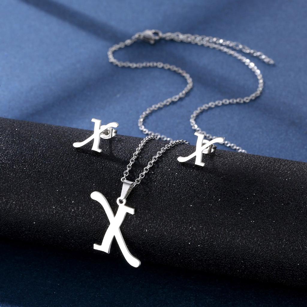 Stainless Steel Letter Pendant Necklace Unisex Jewelry Set Letter Earrings Party Accessory Present for Fashion Lover