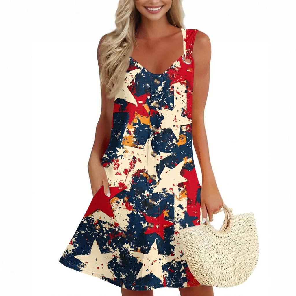 Women's Summer Dress Sleeveless Independence Day Print Sundress With Pocket