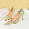 Women's Fashion Banquet High Heels Metal Heels, High Heels Shallow Mouth, Pointed Toe, Shining Shining Sheep Cloth Single Shoes