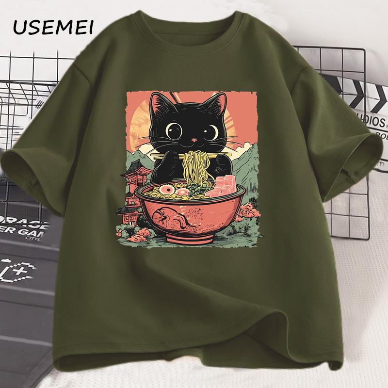 Cute Black Cat Eating Ramen T-Shirt Men Women Adorable Graphic Tee Shirt Foodie and Cat Lover Tshirt Animal Printed Tees Top