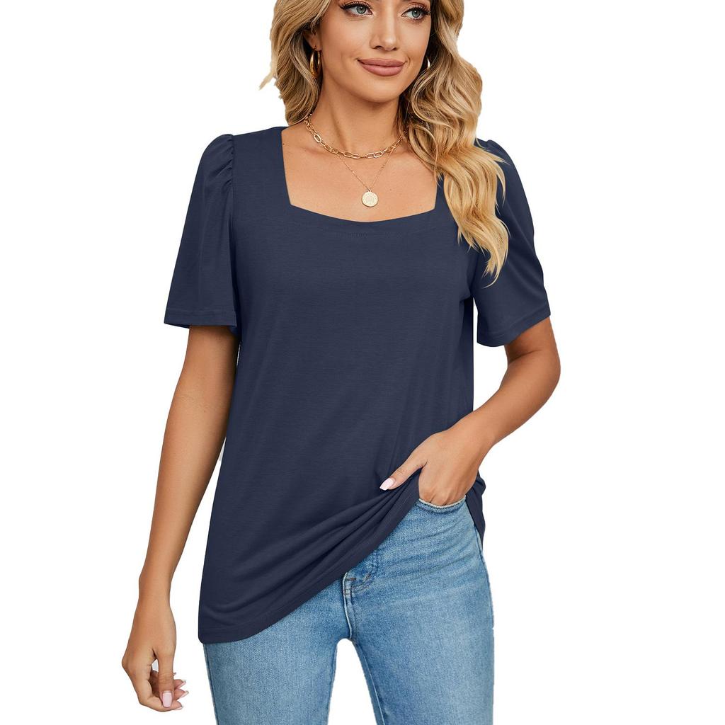 T-shirt d'été à manches courtes et col carré pour femme, couleur unie, ample