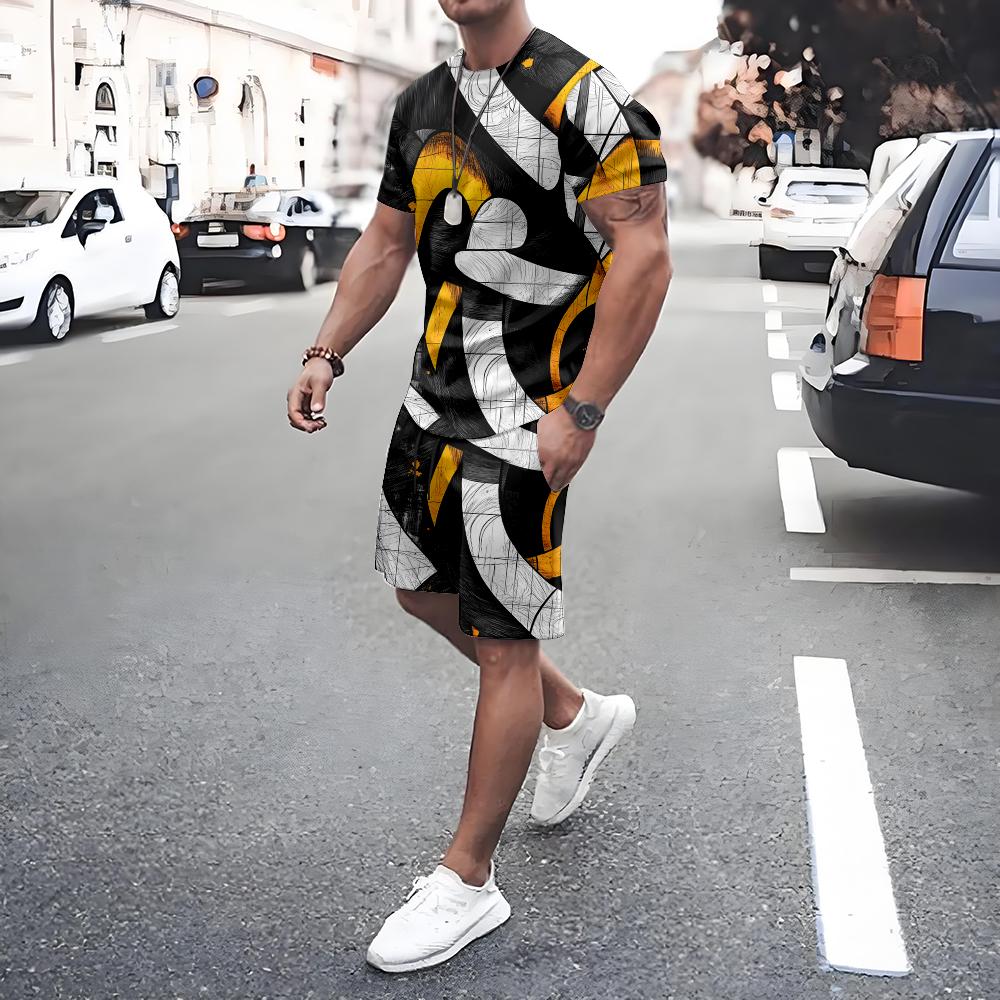 Irregular Geometric Print Short Sleeve And Shorts Set Fashion Men's T-shirt Shorts 2-piece Set Quick-dry Breathable Mesh T Shirt