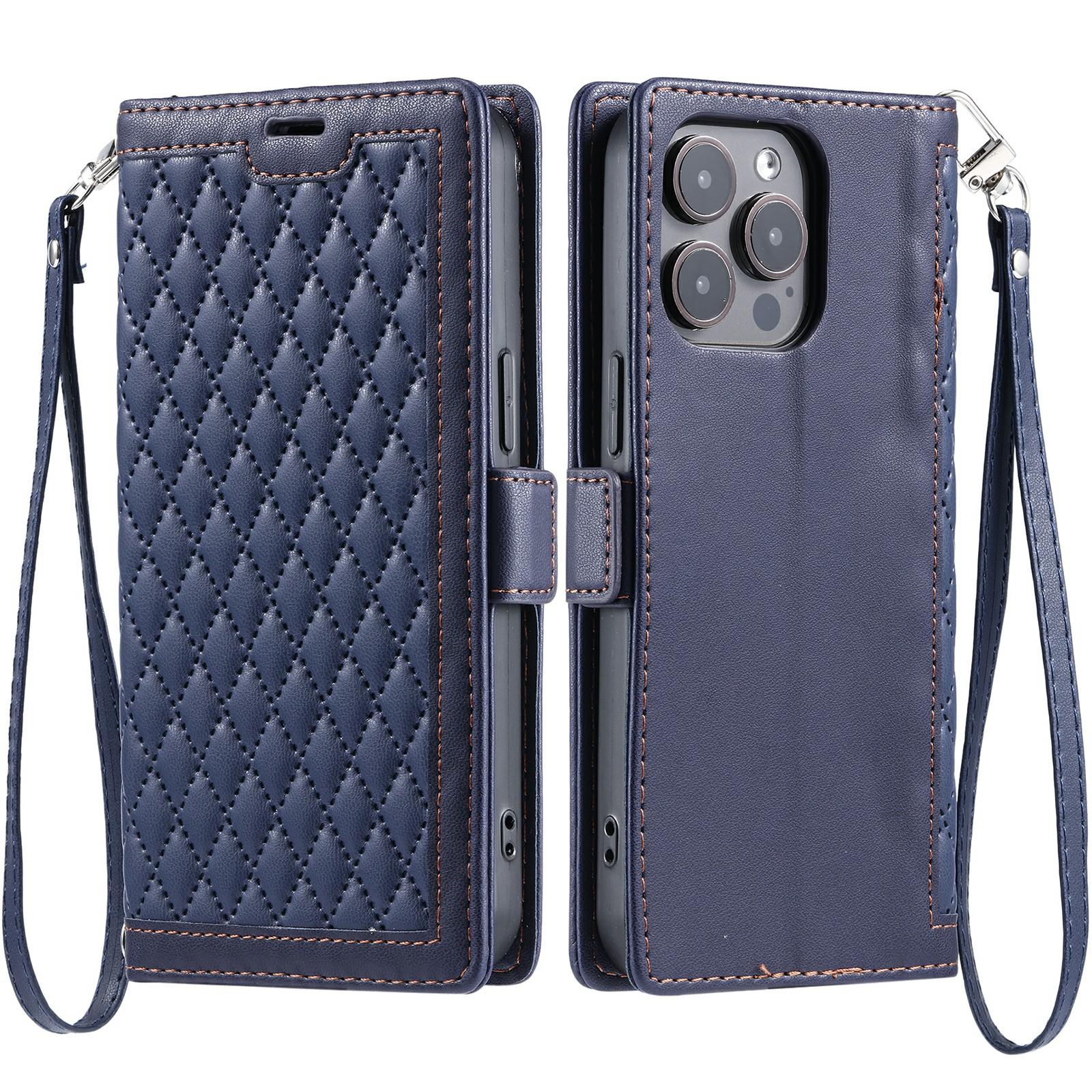 

For iPhone 14 Pro Leather Case Rhombus Texture Wallet Stand Phone Cover with Wrist Strap Blue