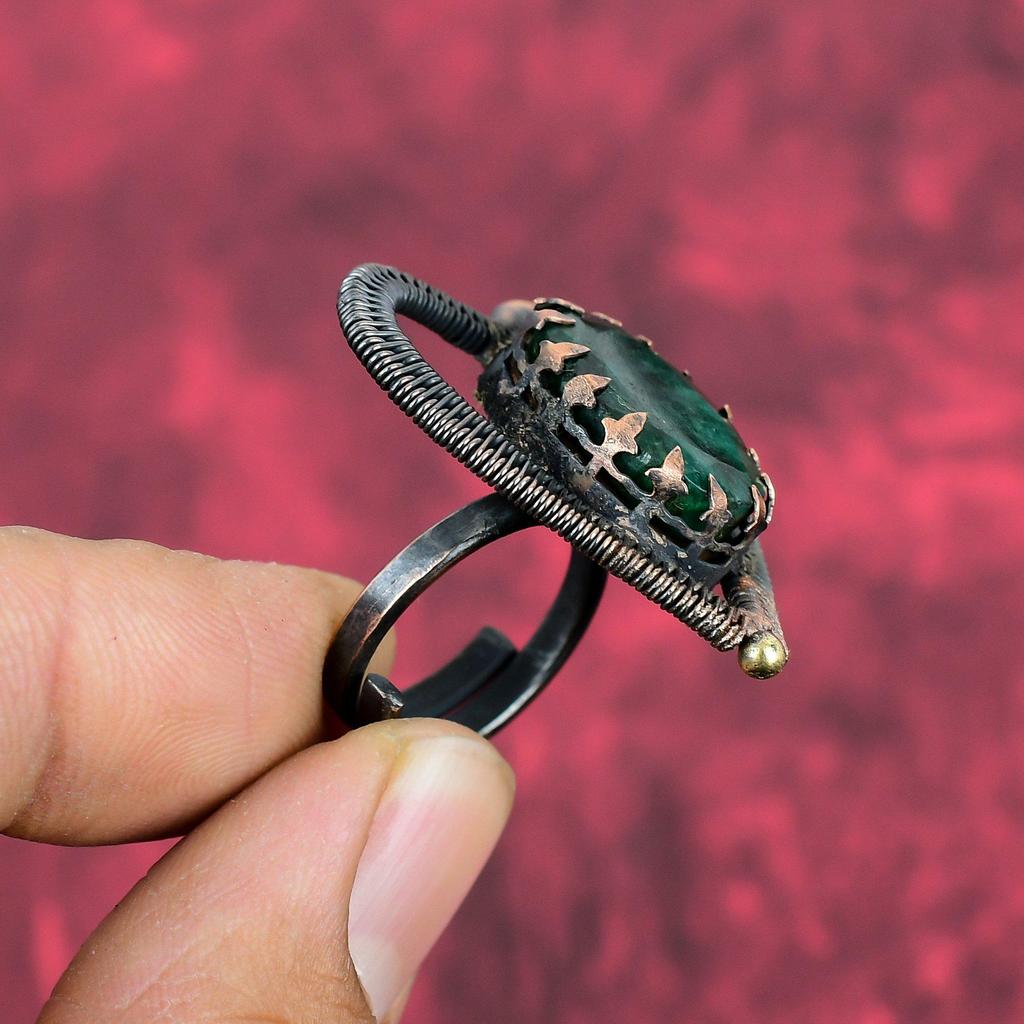 Faceted Zambian Emerald Ring Copper Wire Wrapped Adjustable Ring Handmade Jewelry Genuine Gemstone Ring Antique Copper Jewelry Gifts For Him