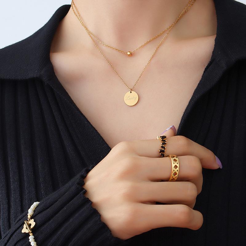 18K Gold Plated Lucky Round Pendant Double Layer Clavicle Necklace - European and American Style