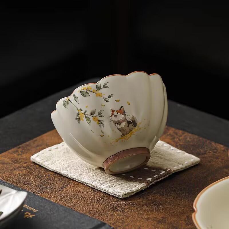 OLOEY Ru Kiln Cute Cat Ceramic Tea Cup