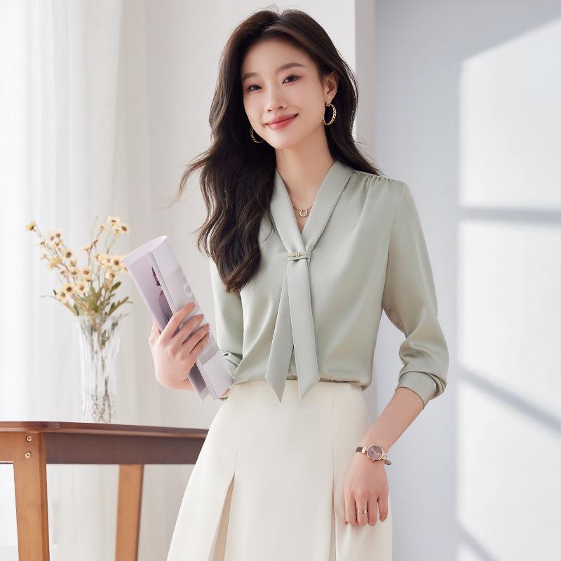 2024 Frühling Damen Stehkragen Bindeband Satin Fließende Bluse - Lockere Passform, Professionelles OL-Design