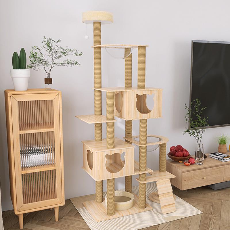 Solid Wood Multi-Layer Cat Condo with High Jump Platform & Sisal.