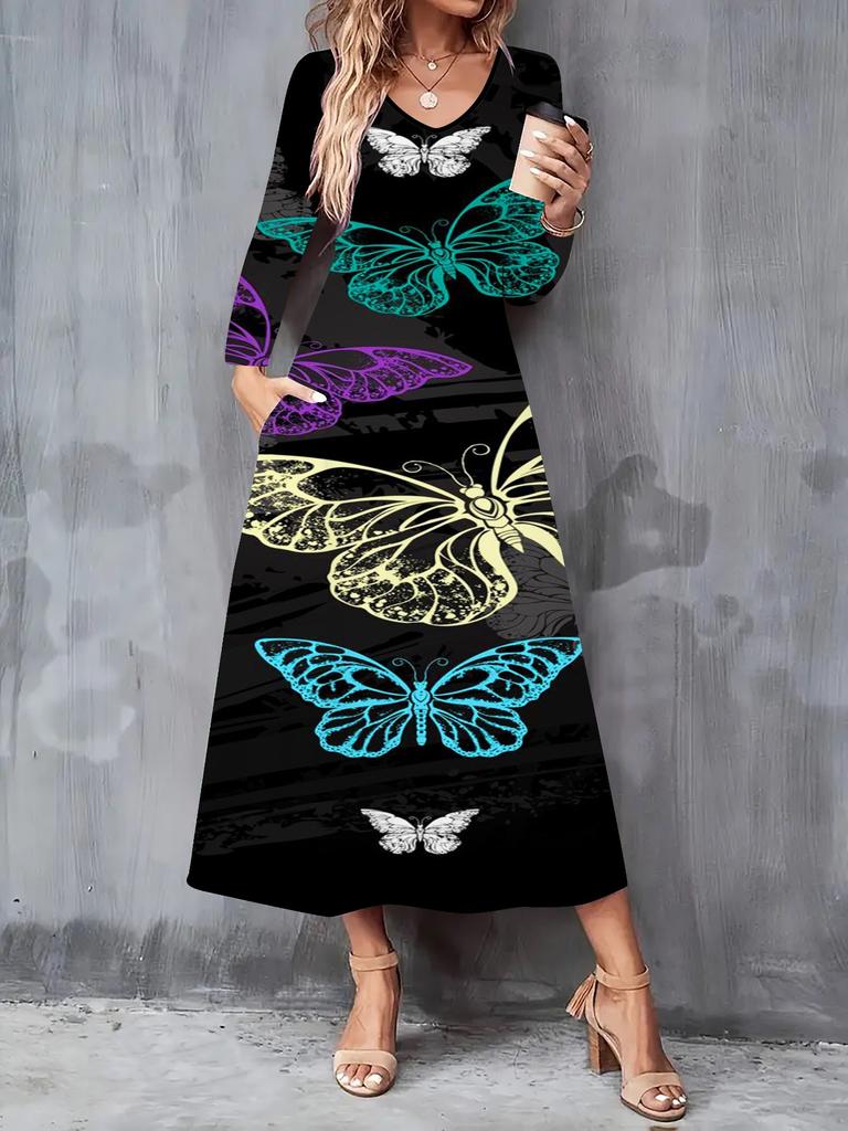 2025 Autumn and Winter New Women Casual Fashion Dress 3D Butterfly Print  Long Sleeve V-Neck A-Line Dresses