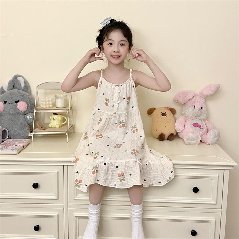 2026 Girls Cotton Gauze Pajama Set Short Sleeve Sleep Dress Cartoon Print Lightweight Home Wear Kids 8