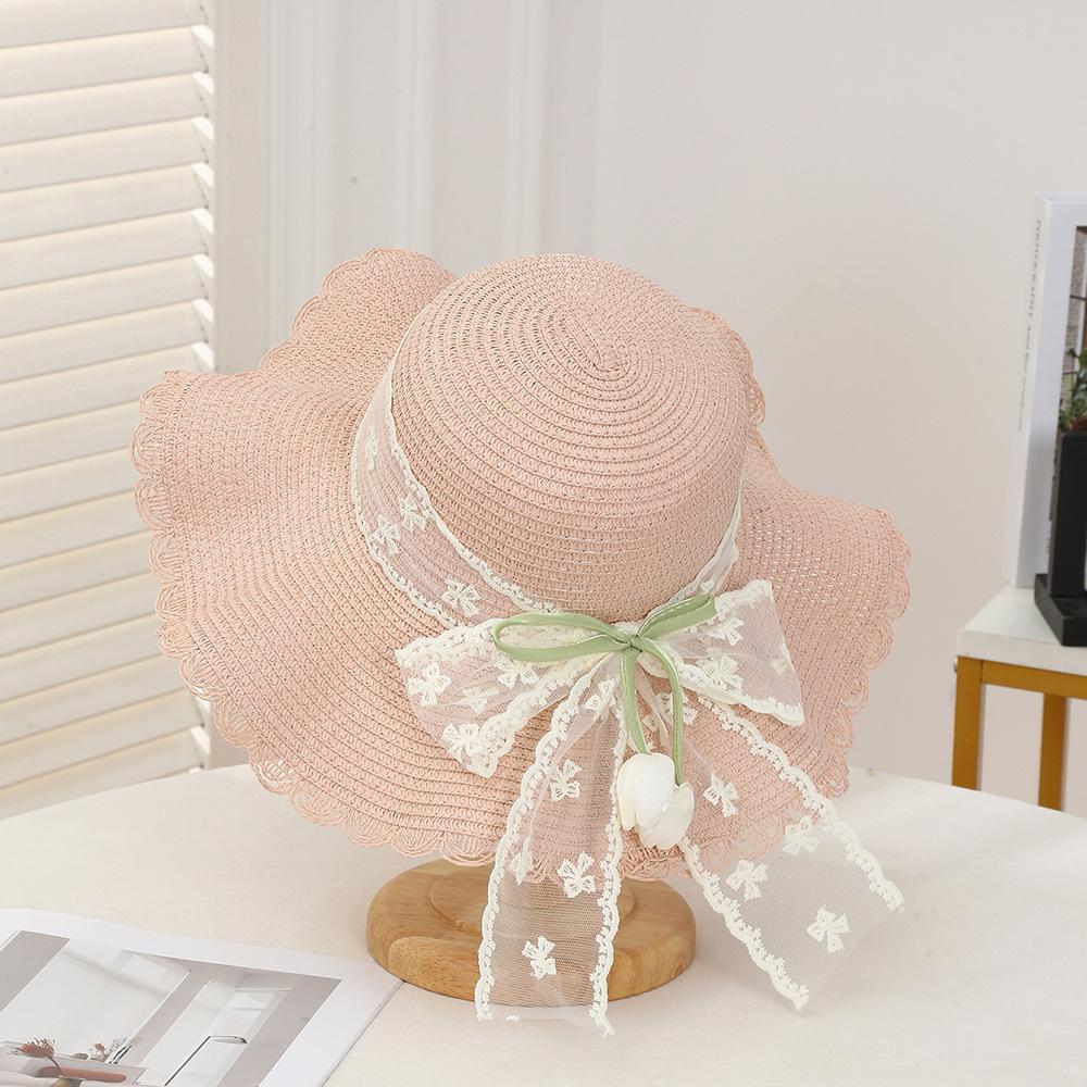 The New Tulip Straw Hat Seaside Vacation Style Bow Sunscreen Sun Hat Large Brim Sun Hat