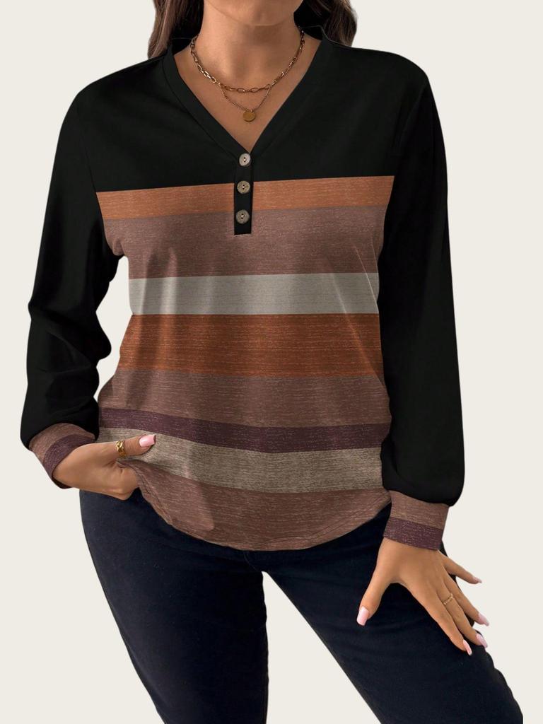 European American Women's Plus Size V-Neck Stripe Print Long Sleeve Top - Spring/Autumn