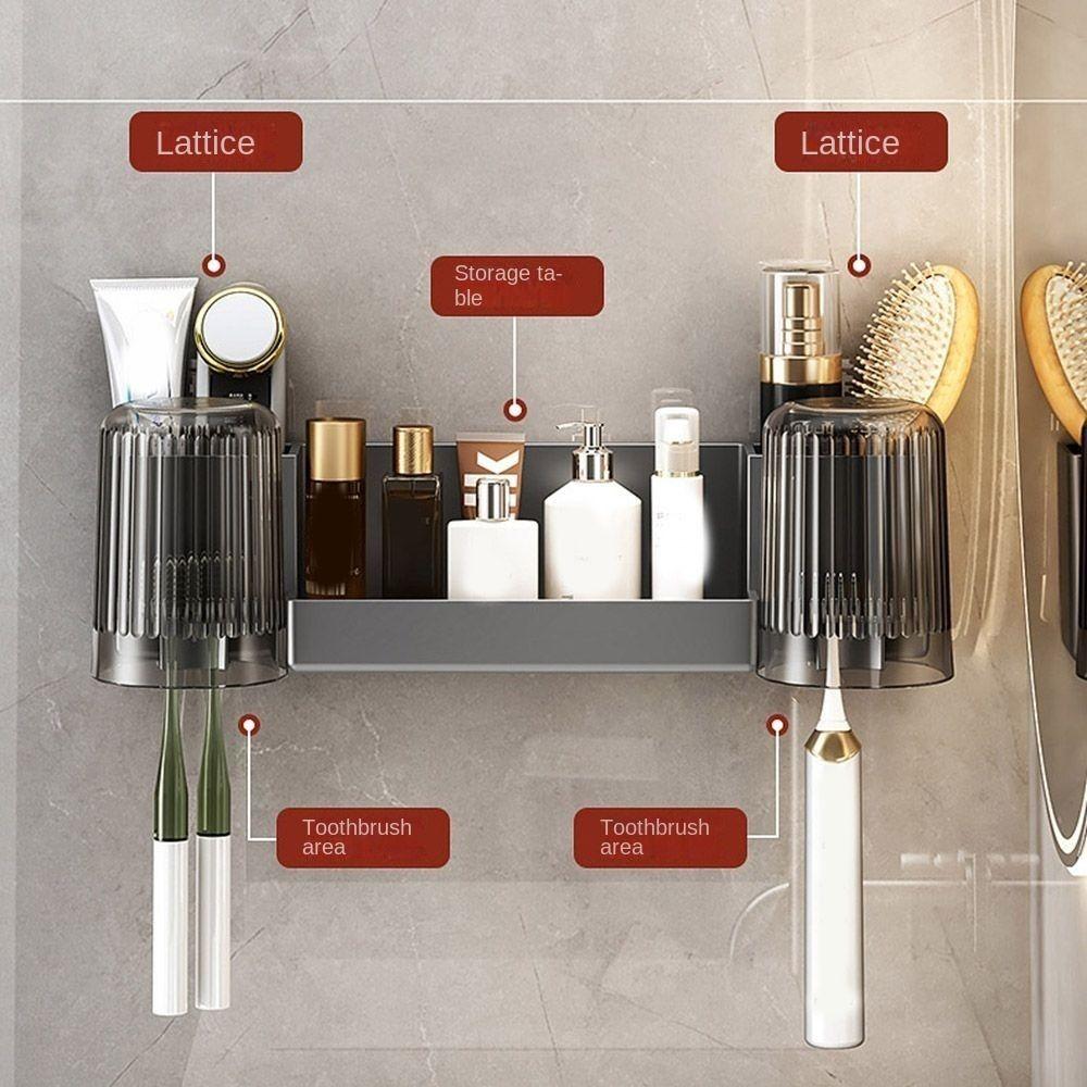 Plastic Toothbrush Holder Wall Mounted Space Saving Toothbrush Storage Rack with Cups Large Capacity Mouthwash Cup Holder