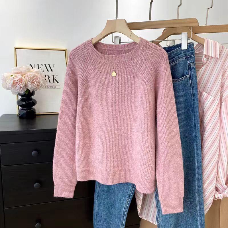 

Женский свитер с круглым вырезом, с рукавом-плечом, однотонный вязаный свитер, осенне-зимний, с длинным рукавом, повседневный свободный пуловер 2XL розовый