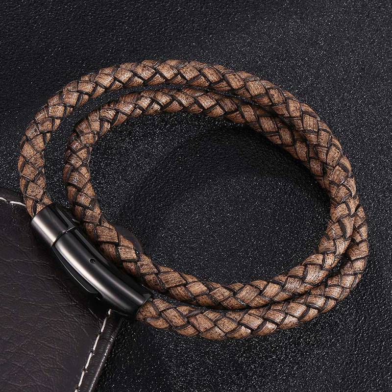 

Новый винтажный коричневый плетеный кожаный двухслойный стальной пряжкой браслет из натуральной кожи для мужчин и женщин, браслет для подарков 205mm чёрный