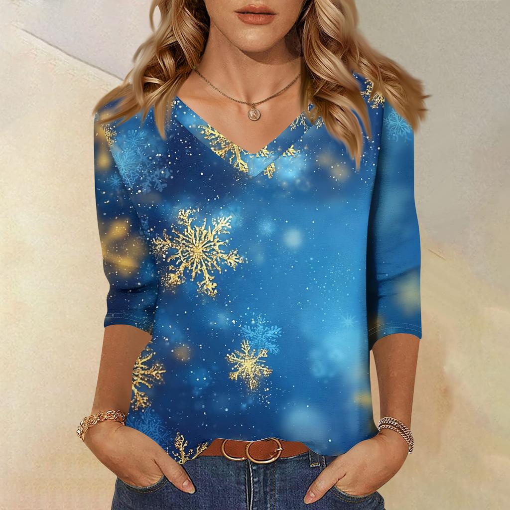 Women's T Shirt CHristmas Print 3/4 Sleeve Daily Weekend Fashion Basic V- Neck Regular Top