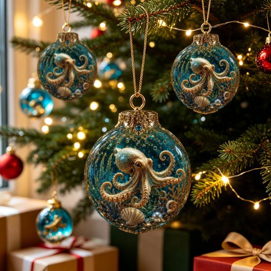 Adornos para Fiesta de Fantasía Azul Dorado, Bolas de Navidad Temáticas del Océano, Bolas Transparentes Iluminadas con Medusa Tortuga Pulpo, Creativas para Inauguración de Casa