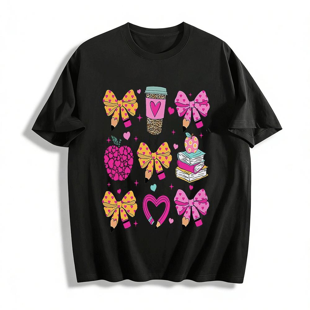 Valentines Day Bow Pencil Print Casual Top Pure cotton T-shirt XXS