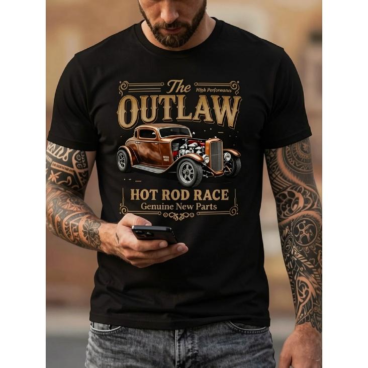 Herren Vintage Hot Rod Auto & The Outlaw Motorrad-inspiriertes T-Shirt - 1920er-50er Retro Racing Design mit Hot Rod Rennen & Kultur, Weich Atmungsaktiv