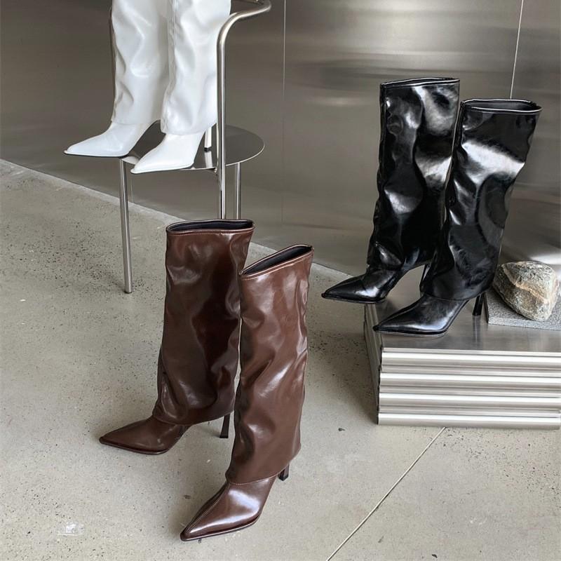 

2025 autumn and winter new European and American fashion versatile boots women s thin heels high heels pointed but knee trousers knight boots 39 темно-коричневого кольору