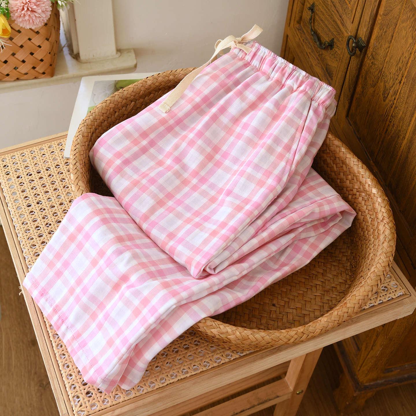 

Women s Plus-Size Pure Cotton Gauze Plaid Pajama Pants - Loose, Straight-Leg for Spring/Autumn L