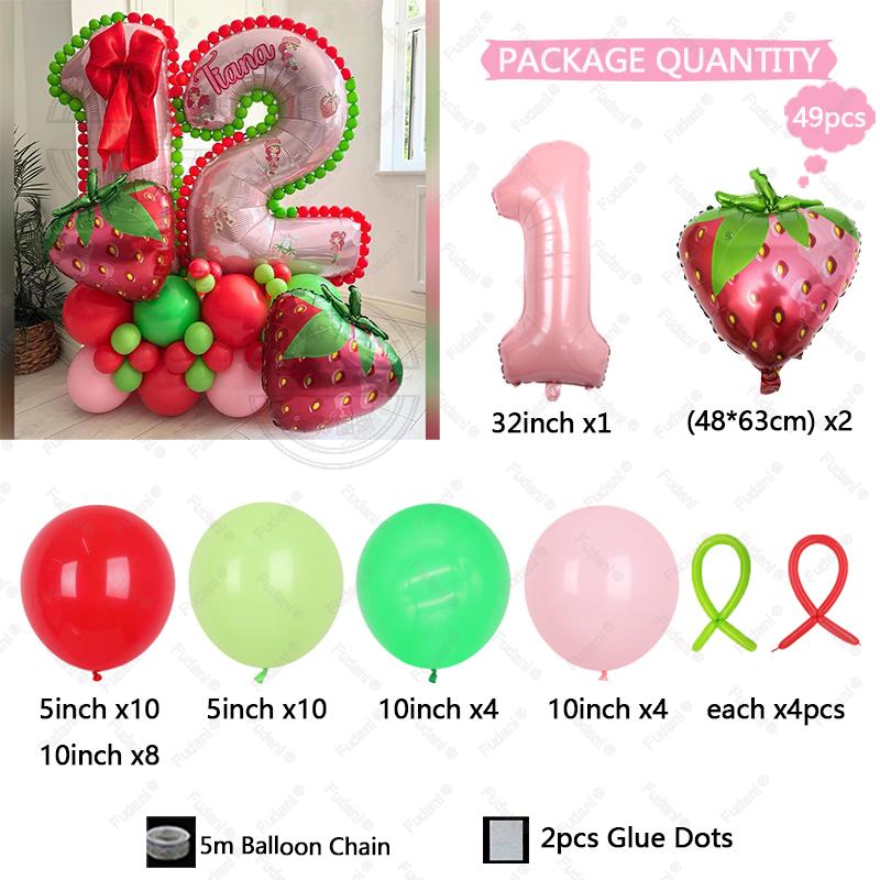 49pcs Strawberry Balloon Aluminum Foil Balloon Set with Colorful Latex Balloons for Birthday Party and Anniversary Decorations