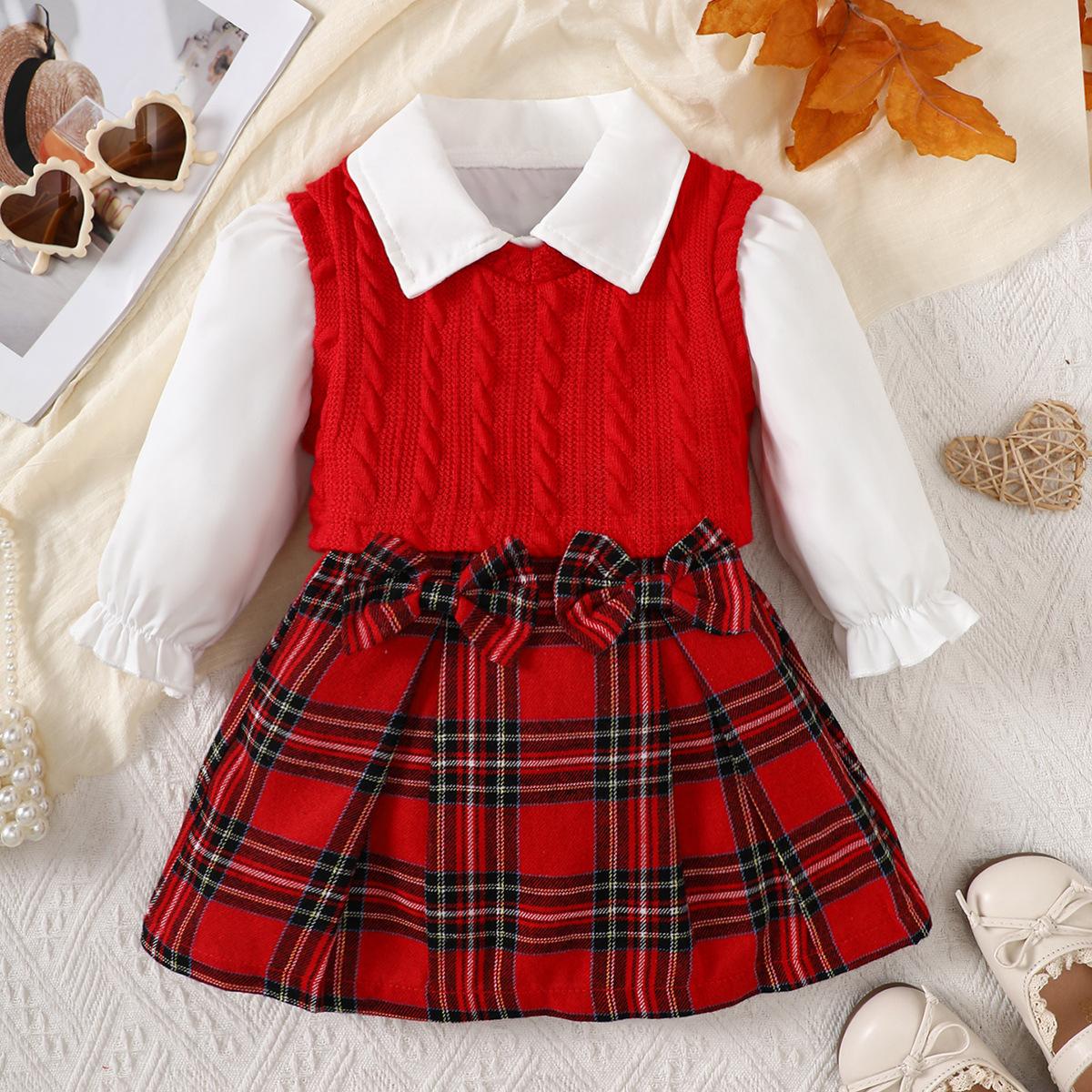 

Children Girl Set Splicing Checkered Skirt Mini Bag Set Suitable Girls Autumn College Style Set 1-2Y