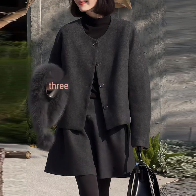 Korean High-End Wool Suit Set: Petite Women s Chic Autumn/Winter Coat & Skirt Two-Piece S
