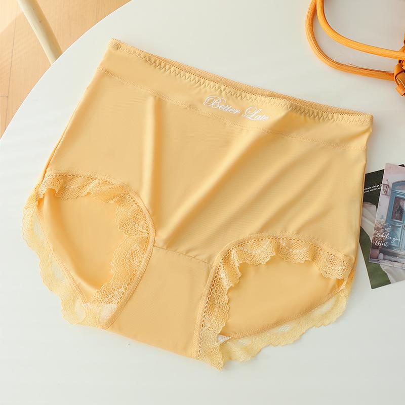 Ladies Summer Light and Thin Pure Lace No Trace Ice Silk Pure Cotton Crotch Breathable High Waist Close Belly Flat Angle Briefs