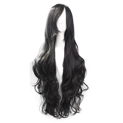 80cm Full Loose and Harajuku Natural High Temperature for One Size Fits Black Women's Wig, Long, Curly, Wavy, Side-Slanted Bangs, Fluffy, Style,
