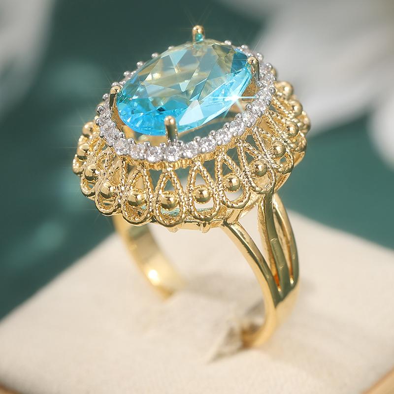Luxus-Temperament Funkelnder Ovaler Blauer Synthetischer Zirkonia Ring für Damen Vintage Wunderschöner Bankett-Festival Schmuck Zubehör 9&Gold-color beige