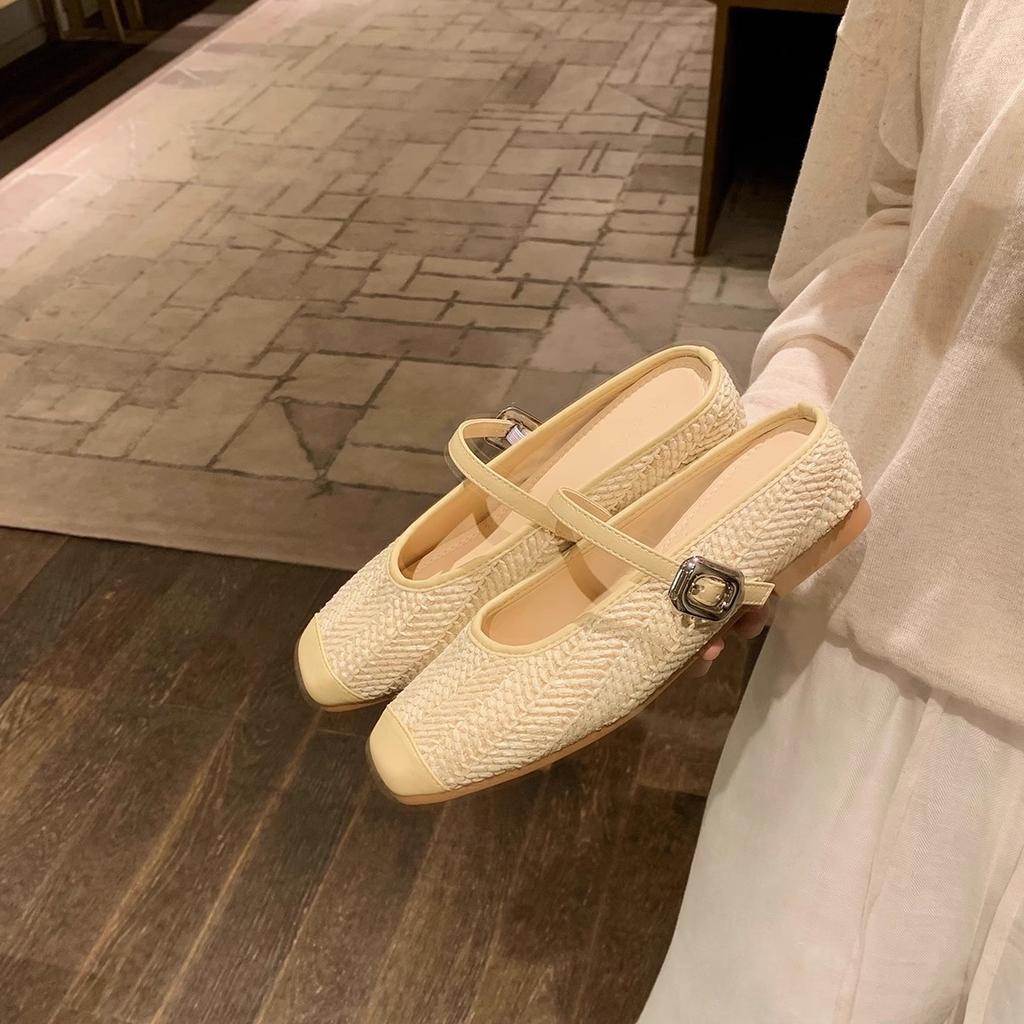 Lammfellversion von Traubenmutter mit der gleichen Höhe um 5cm erhöht~ Urlaubsstil strohgewebte Sandalen mit eckiger Spitze, lässige Halbschuhe für Damen, Sommerkleidung