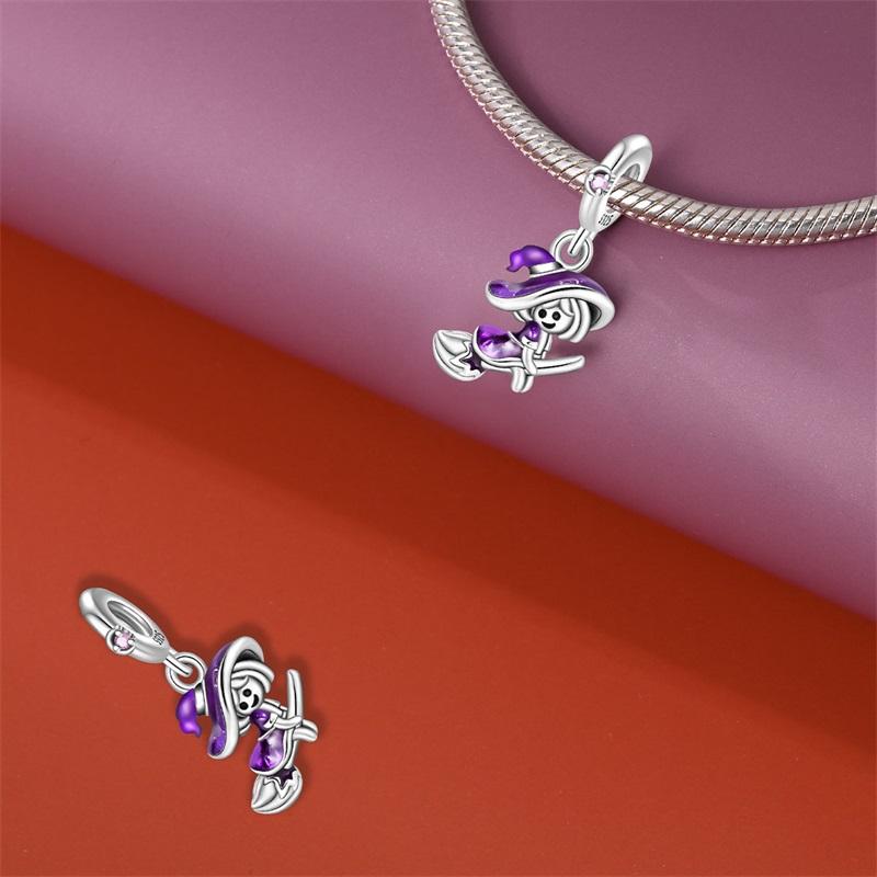 Halloween Party Copper Cute Purple Witch Riding A Broom Beads Fit Charms Diy Bracelet For Jewelry Making Women Gif