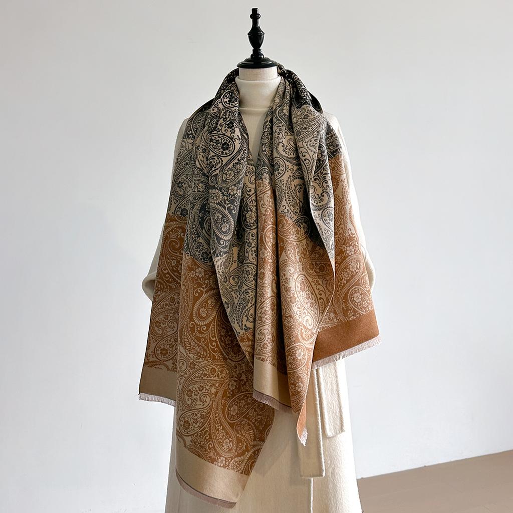 Women's Vintage Floral Print Neckerchief - Tasseled Color-Block Faux Cashmere Scarf, Comfortable Double-Layer Shawl