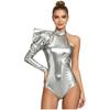 S-3XL Women Metallic Shiny Bodysuit Dramatic Puff Sleeve Long Sleeve One Shoulder Mock Neck Asymmetrical Leotard Jumpsuit for Nightclub