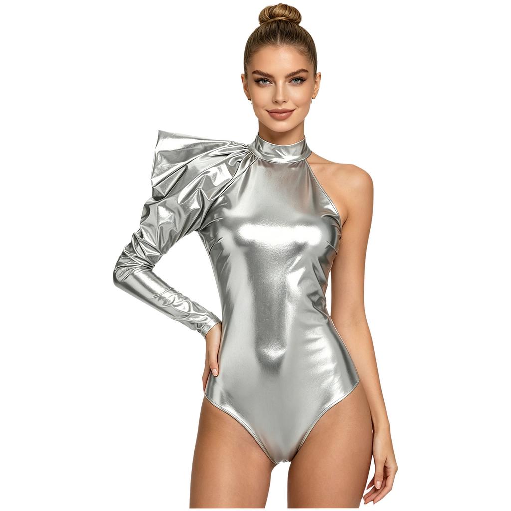 S-3XL Women Metallic Shiny Bodysuit Dramatic Puff Sleeve Long Sleeve One Shoulder Mock Neck Asymmetrical Leotard Jumpsuit for Nightclub