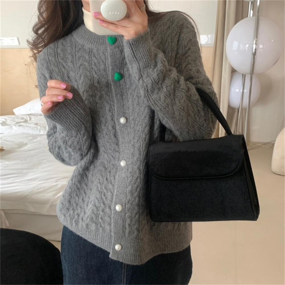 Autumn and Winter Women's  Sweater Round Neck Love Button Fried Dough Twists Knitted Cardigan