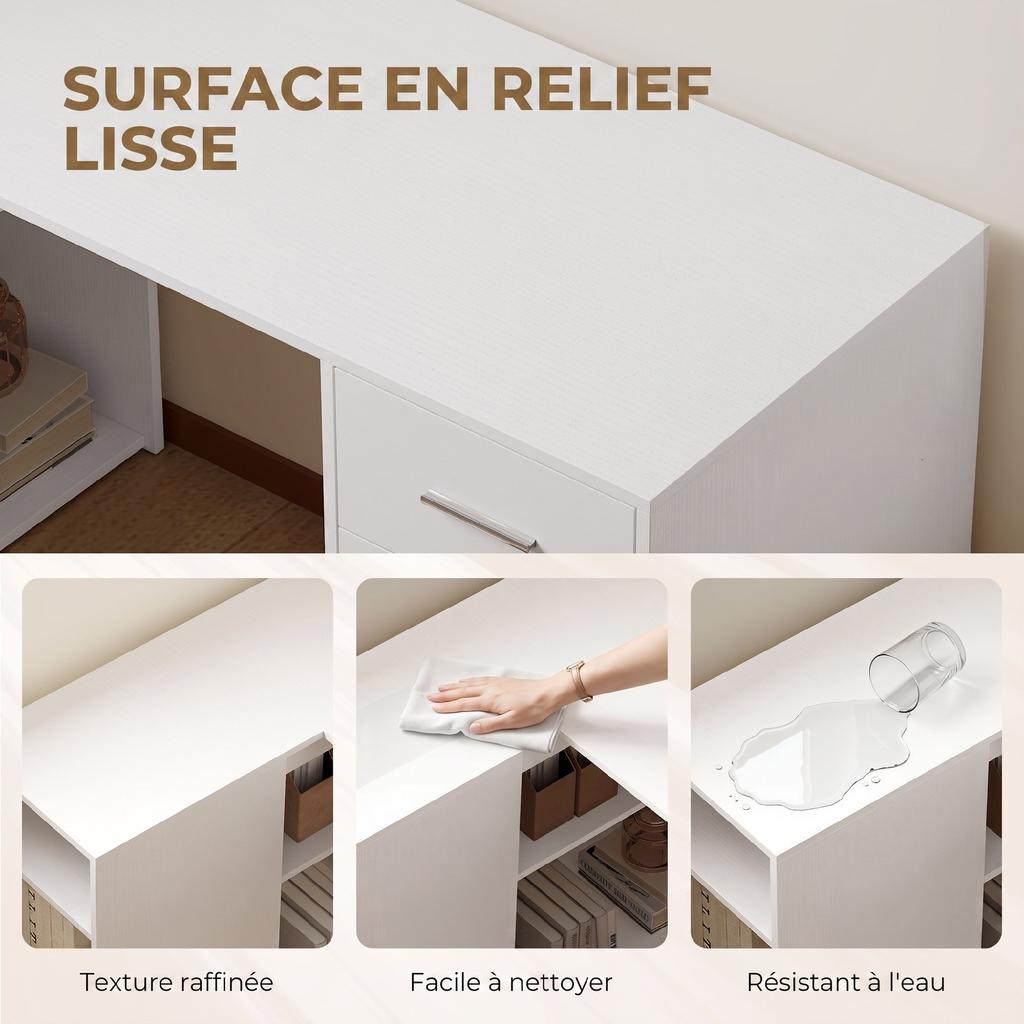 L-Shaped Corner Computer Desk, 3 Drawers, 5 Open Compartments, 140 x 100 x 75 cm, White