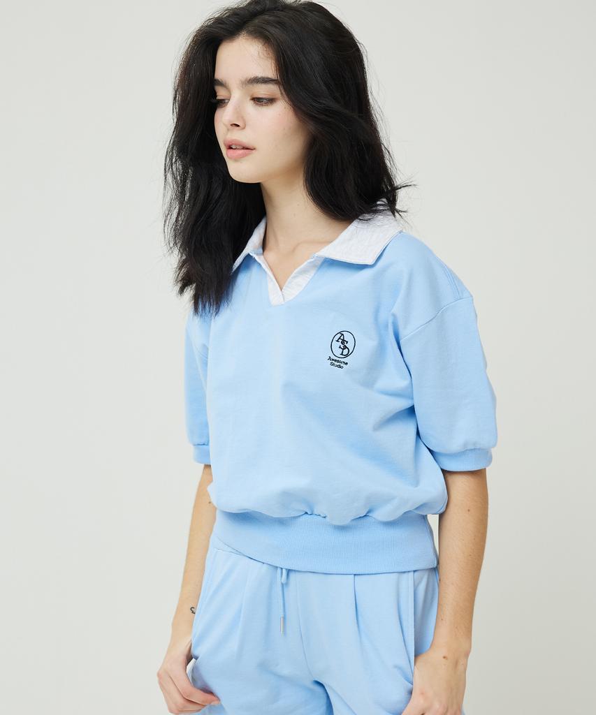 AWESOME STUDIO Color Block Collar Crop Sweatshirt Short Sleeve T-Shirt Sky Blue