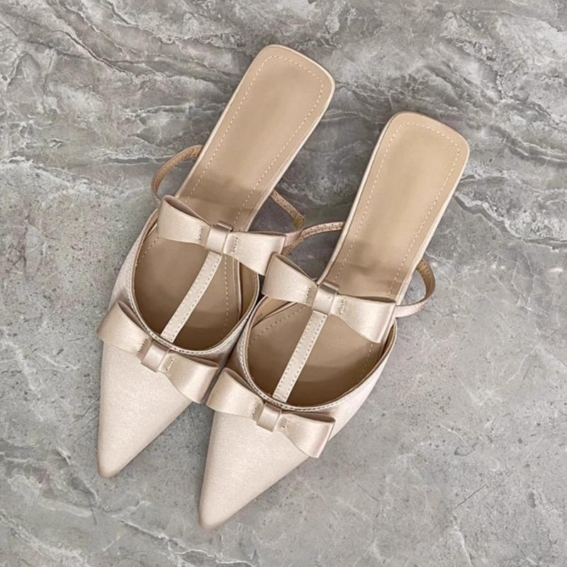 Fashion Satin Baotou Cool Mopping Summer New Pointed Toe Shallow Mouth Bow Hollow-out Non-slip Wear-resistant One-line High Heels