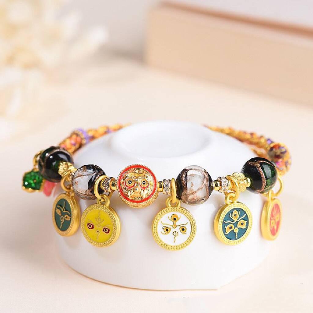 Tibetan-Style Eight Guardian Deities Bracelet with Six Syllable Mantra - Handwoven Cotton Thread Ethnic Reincarnation Gift