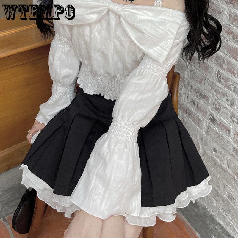 WTEMPO Süße Kawaii Japanische Faltenröcke mit hoher Taille für Mädchen Frühling Sommer Preppy Style Schwarz Weiß Miniröcke